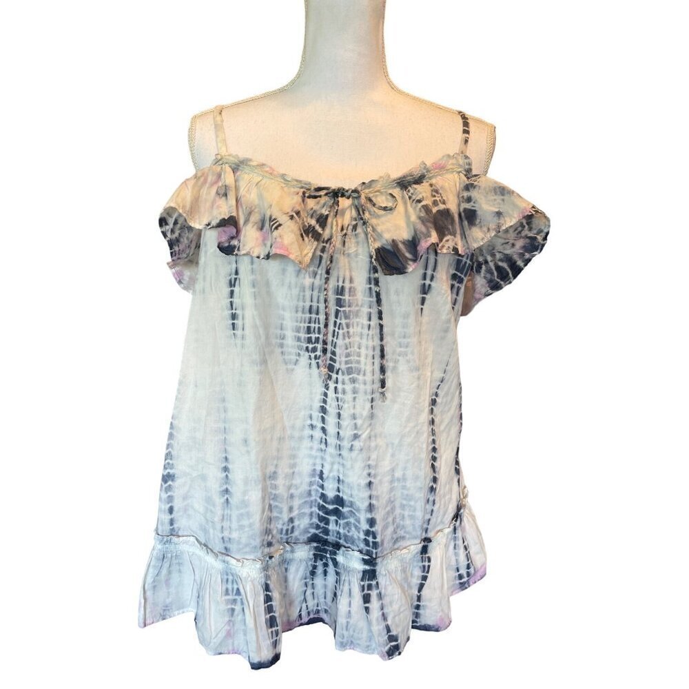DKNY Jeans Womens XL Tie Dye Ruffle Top Cotton Off Shoulder MSRP $59 NEW